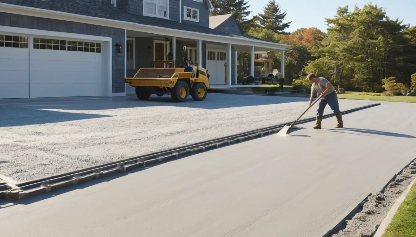 Independent concrete provider smoothing a freshly poured driveway at a home in Lake Grove