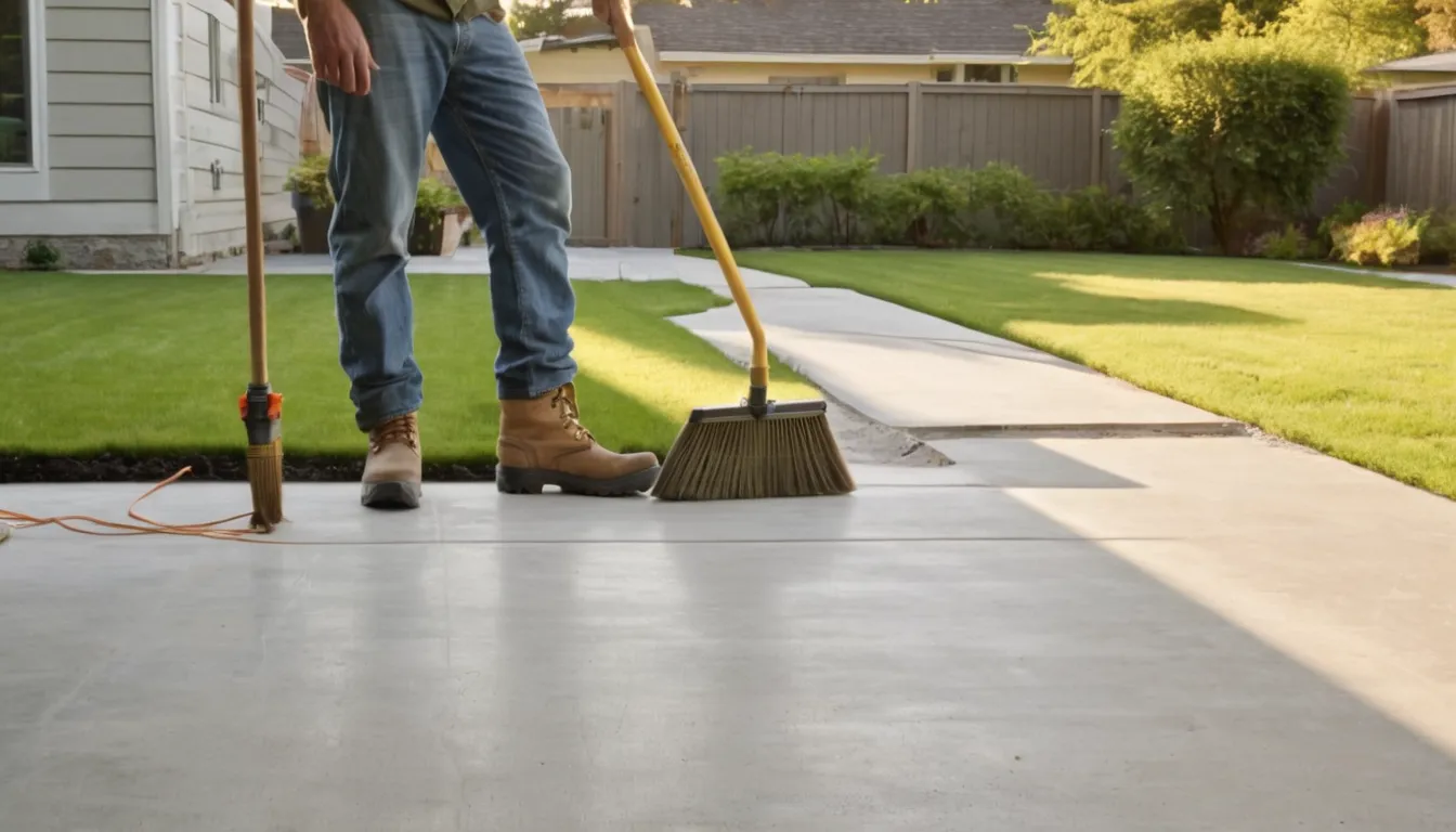 Homeowner and a concrete provider reviewing a freshly poured residential patio behind a house in Lake Grove