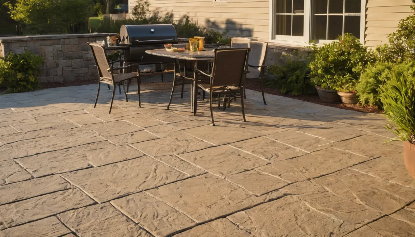 A finished stamped concrete patio in the Lake Grove area