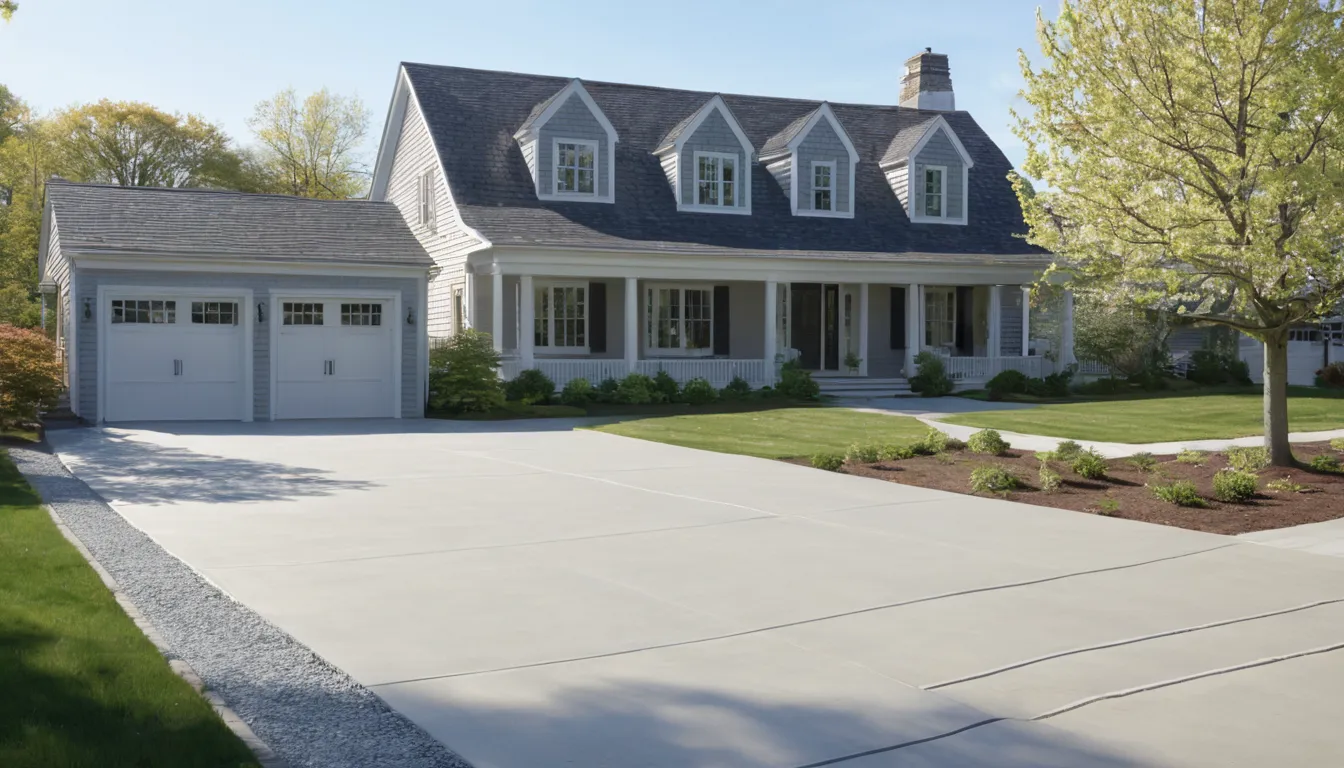 A new concrete driveway beside a home in Lake Grove