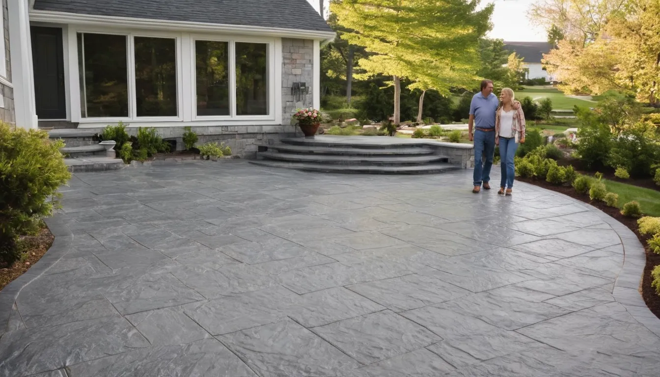 Stamped concrete patio with a slate pattern behind a home in Lake Grove
